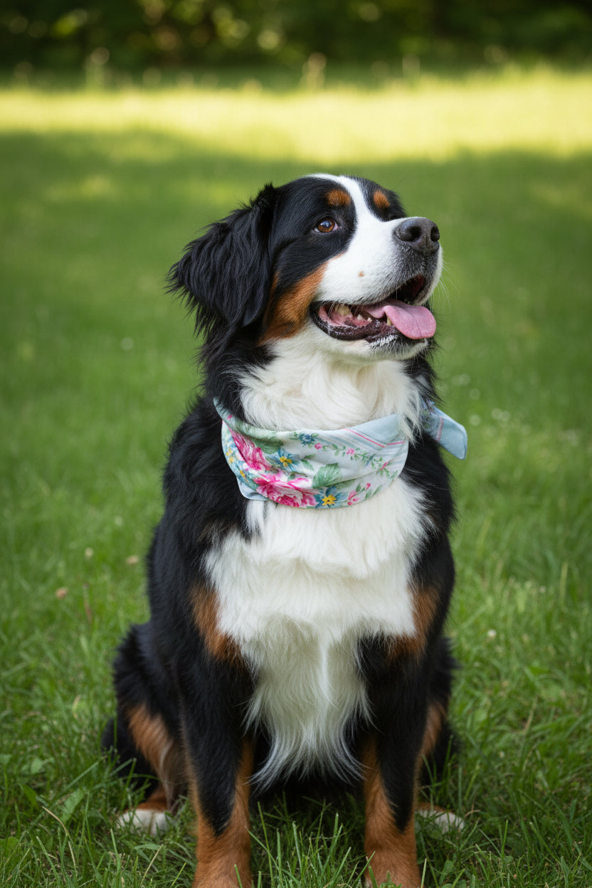 A Bernese mountain dog sitting on green grass wearing a light blue floral bandana.